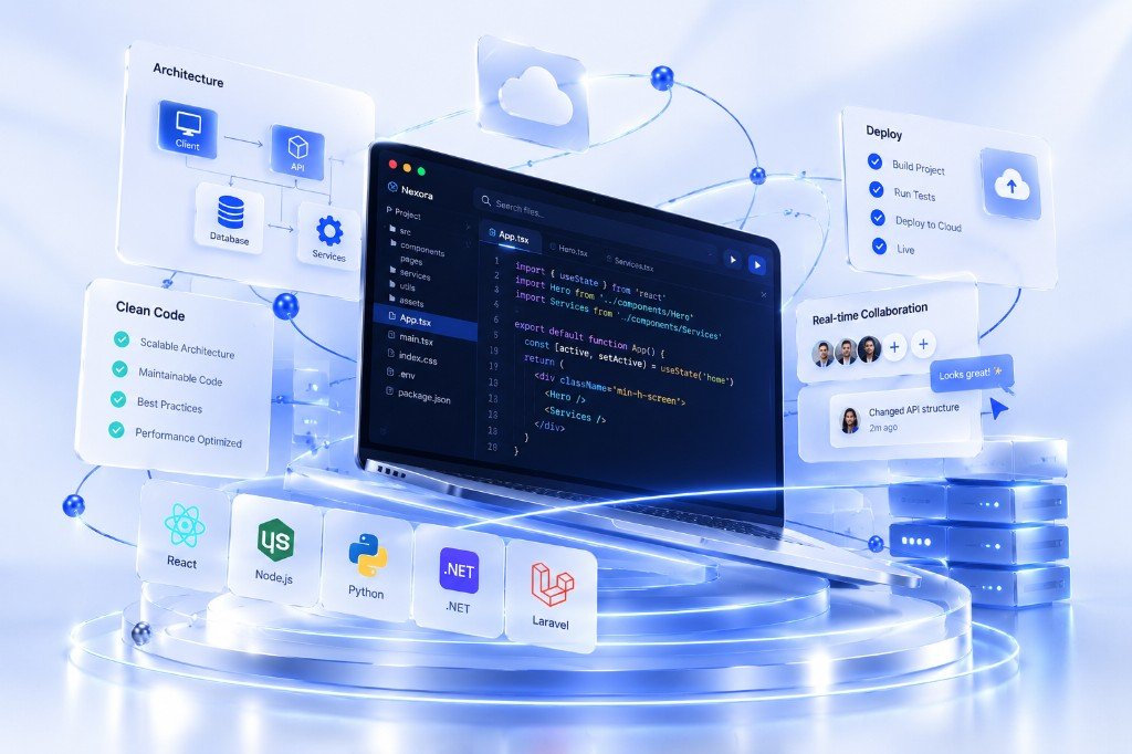 Custom software workspace with a laptop, architecture diagram, and code